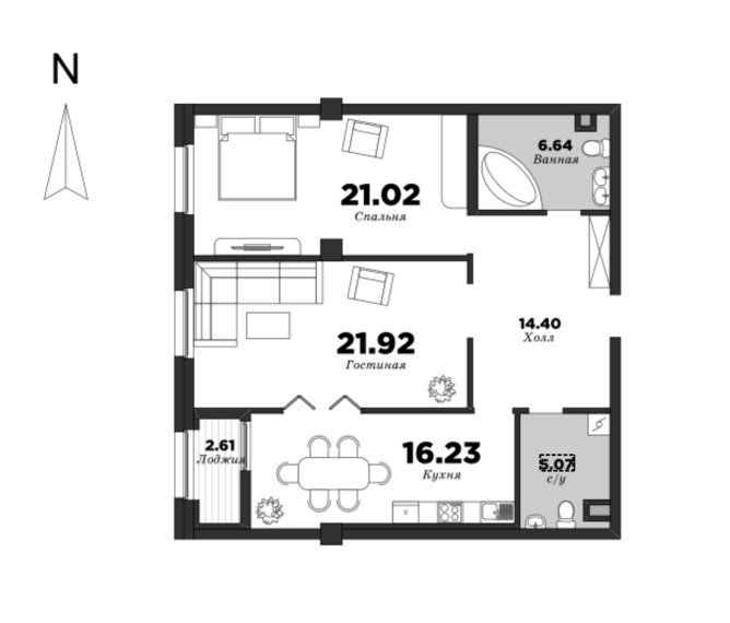 NEVA HAUS, Корпус 2, 2 спальни, 86.59 м² | планировка элитных квартир Санкт-Петербурга | М16